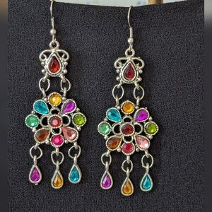 🩷 Vintage earrings multi color rhinestone 3" silver tone pink…